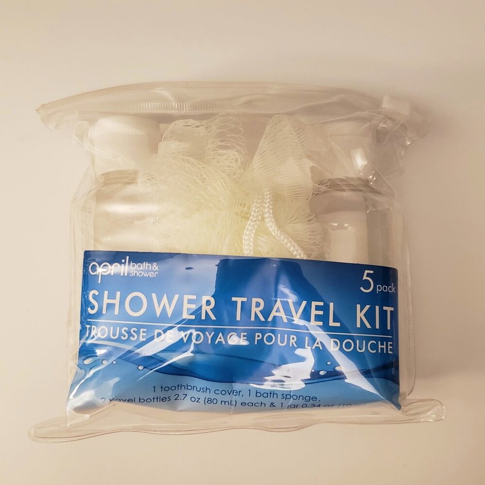 3/$10 5pc Travel Size Toiletry Kit Shower Mini Bottles Bath Pouf Scrub Reusable - Picture 1 of 3